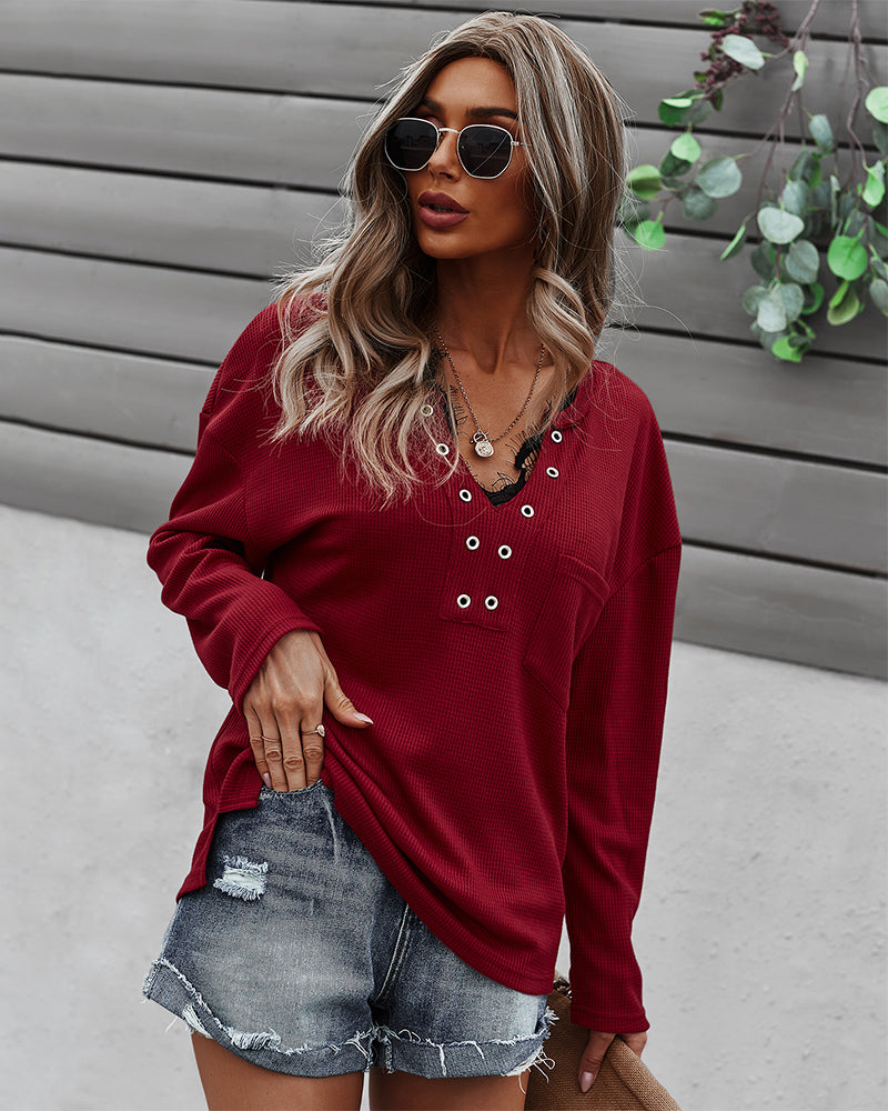 Faux Button Placket Sweater for her