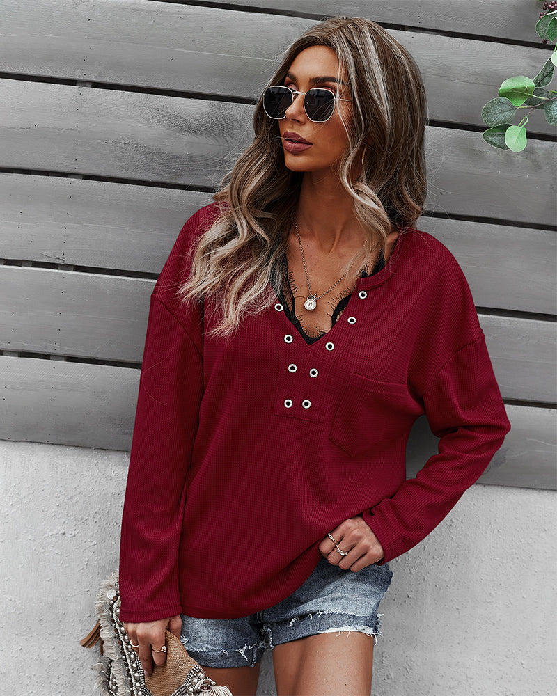 Faux Button Placket Sweater 