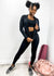 Black Three-Piece Hooded Zip Jacket, Sports Bra, and High-Rise Leggings Set 