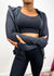 Front view of Three-Piece Hooded Zip Jacket, Sports Bra, and High-Rise Leggings Set 