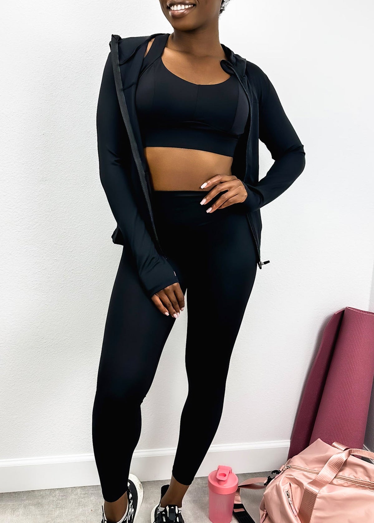 Cool Three-Piece Hooded Zip Jacket, Sports Bra, and High-Rise Leggings Set 