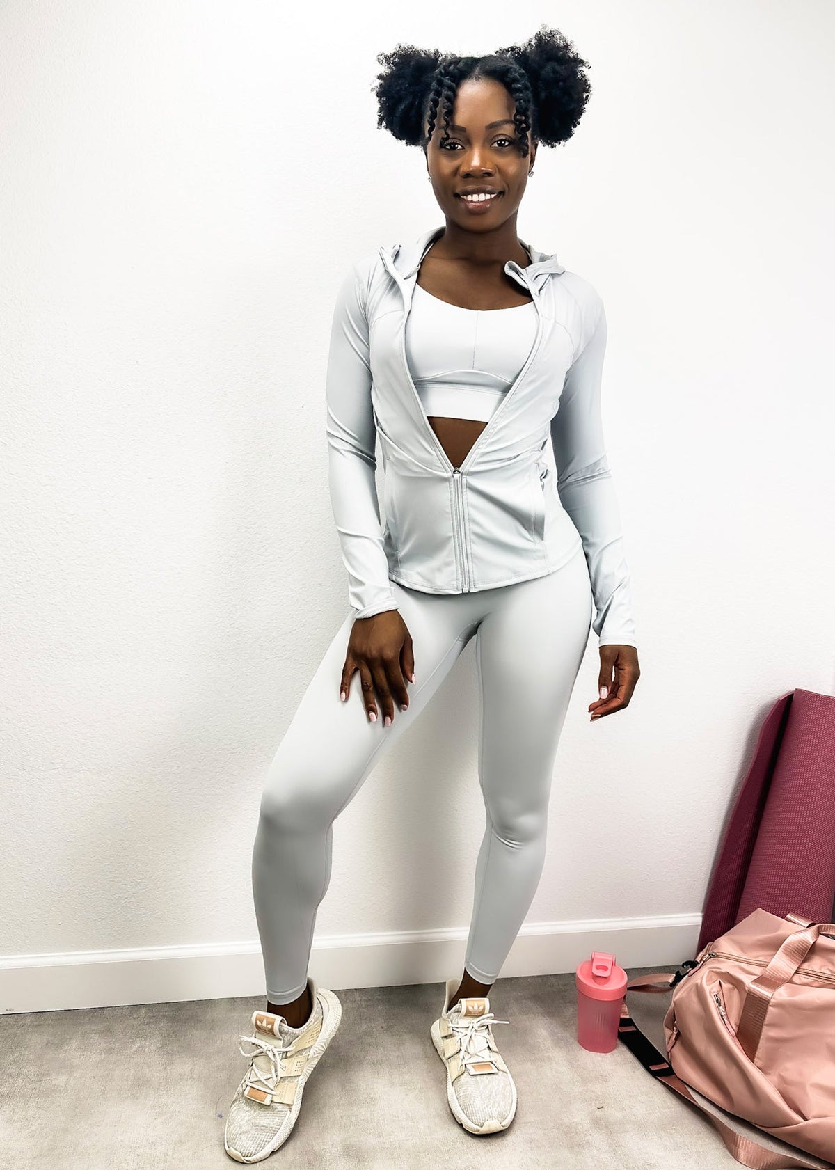 Sexy Three-Piece Hooded Zip Jacket, Sports Bra, and High-Rise Leggings Set 