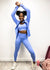 Blue Three-Piece Hooded Zip Jacket, Sports Bra, and High-Rise Leggings Set 