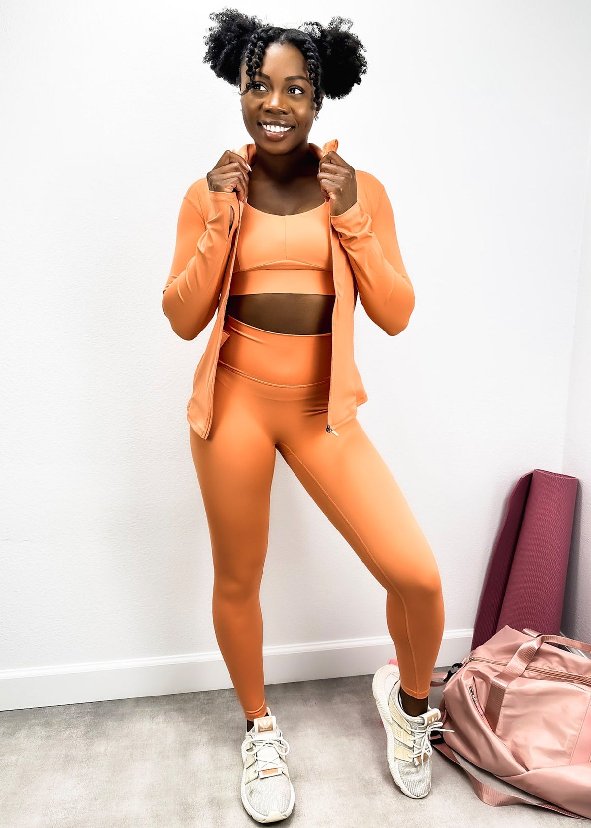 Orange Three-Piece Hooded Zip Jacket, Sports Bra, and High-Rise Leggings Set 