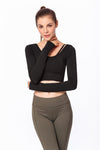 Front view of Low-Scoop Back Long Sleeved Cropped Shirt 