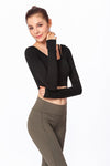 Left side view of Low-Scoop Back Long Sleeved Cropped Shirt 