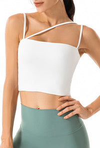 front view of Asymmetrical Cut-Out Strappy Longline Sports Bra Tank-white