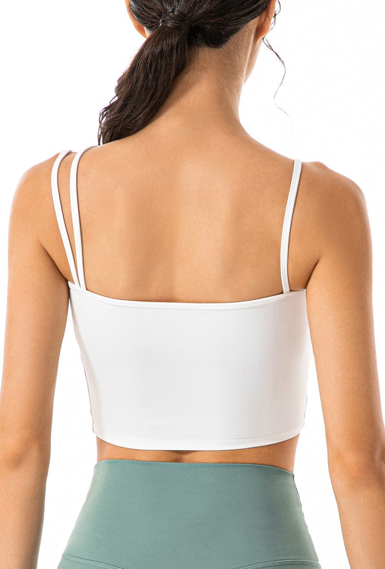 Back view of Asymmetrical Cut-Out Strappy Longline Sports Bra Tank-white