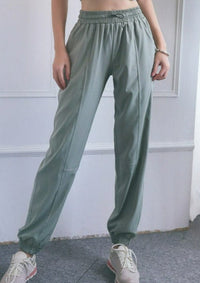 Green High Rise Contouring Seam Drawstring Ruched Joggers