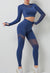 Blue Mesh Stitching Long Sleeve Sports Top & Leggings Two-Piece Fitness Set