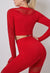 Side view of red Mesh Stitching Long Sleeve Sports Top & Leggings Two-Piece Fitness Set