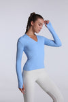 Left side view of Buttery Soft Seamless Long Sleeve Active Top-blue