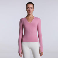 Front view Buttery Soft Seamless Long Sleeve Active Top-pink