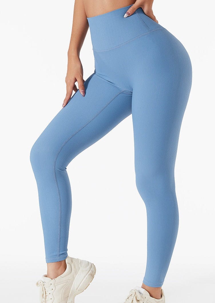 Light Blue Ribbed High Rise Contouring Lifting Fitness Leggings