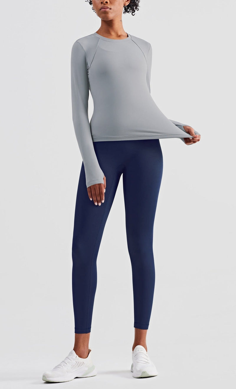 Model showing the gray active shirt