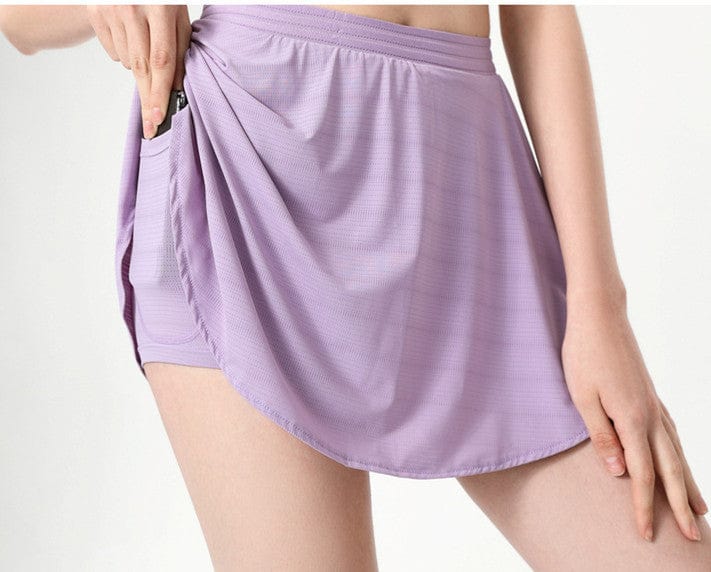 Model showing pocket on Loose Ruffled Active Skort