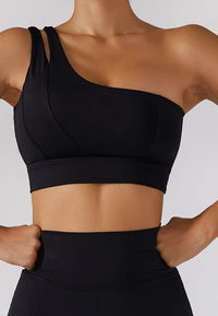 Asymmetrical One Shoulder Double Strap Sports Bra Tank-black