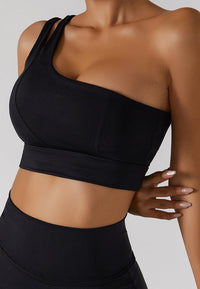 Asymmetrical One Shoulder Double Strap Sports Bra Tank-black