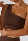 Asymmetrical One Shoulder Double Strap Sports Bra Tank-brown