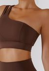 Asymmetrical One Shoulder Double Strap Sports Bra Tank-brown