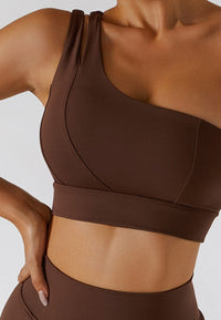 Asymmetrical One Shoulder Double Strap Sports Bra Tank-brown