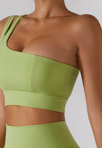 Asymmetrical One Shoulder Double Strap Sports Bra Tank-green