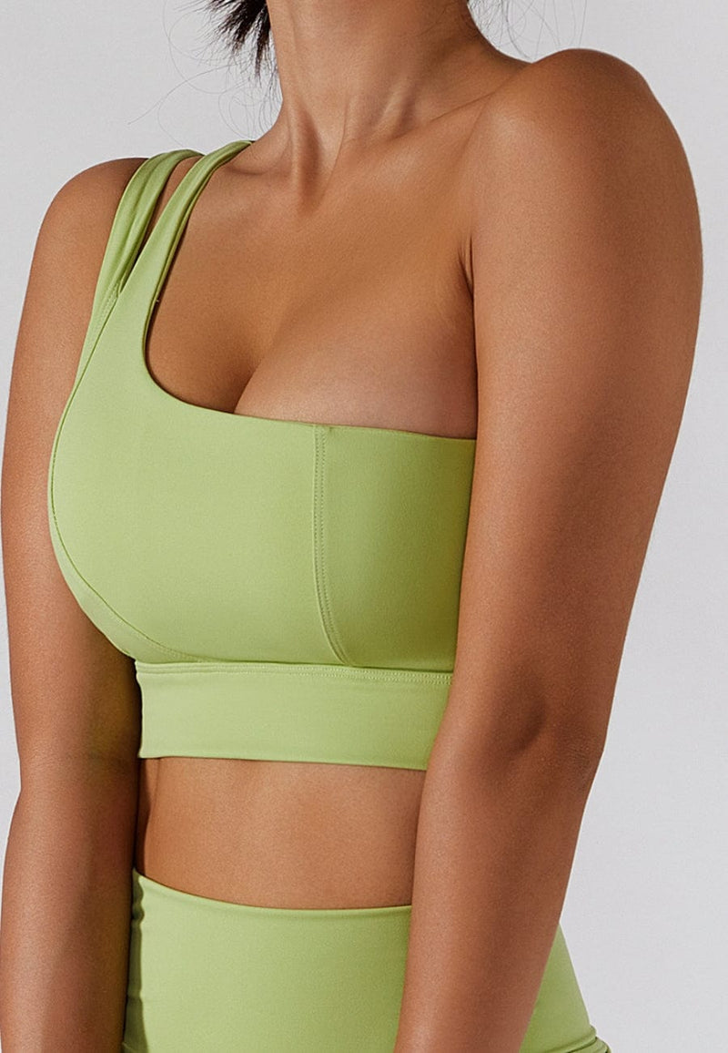 Asymmetrical One Shoulder Double Strap Sports Bra Tank-green