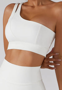 Asymmetrical One Shoulder Double Strap Sports Bra Tank-white