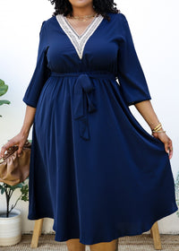 Blue Plus Size Crochet V Neck Boho Long Sleeve Dress