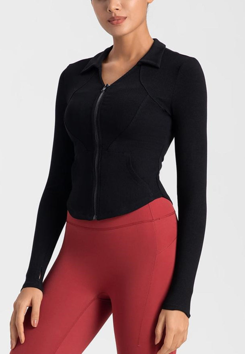 cute Curved Hem Collared Activewear Jacket 