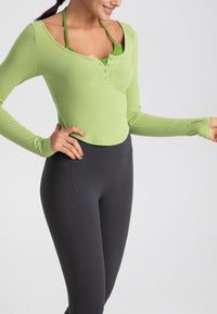 Green Double Layer Henley Crop Top