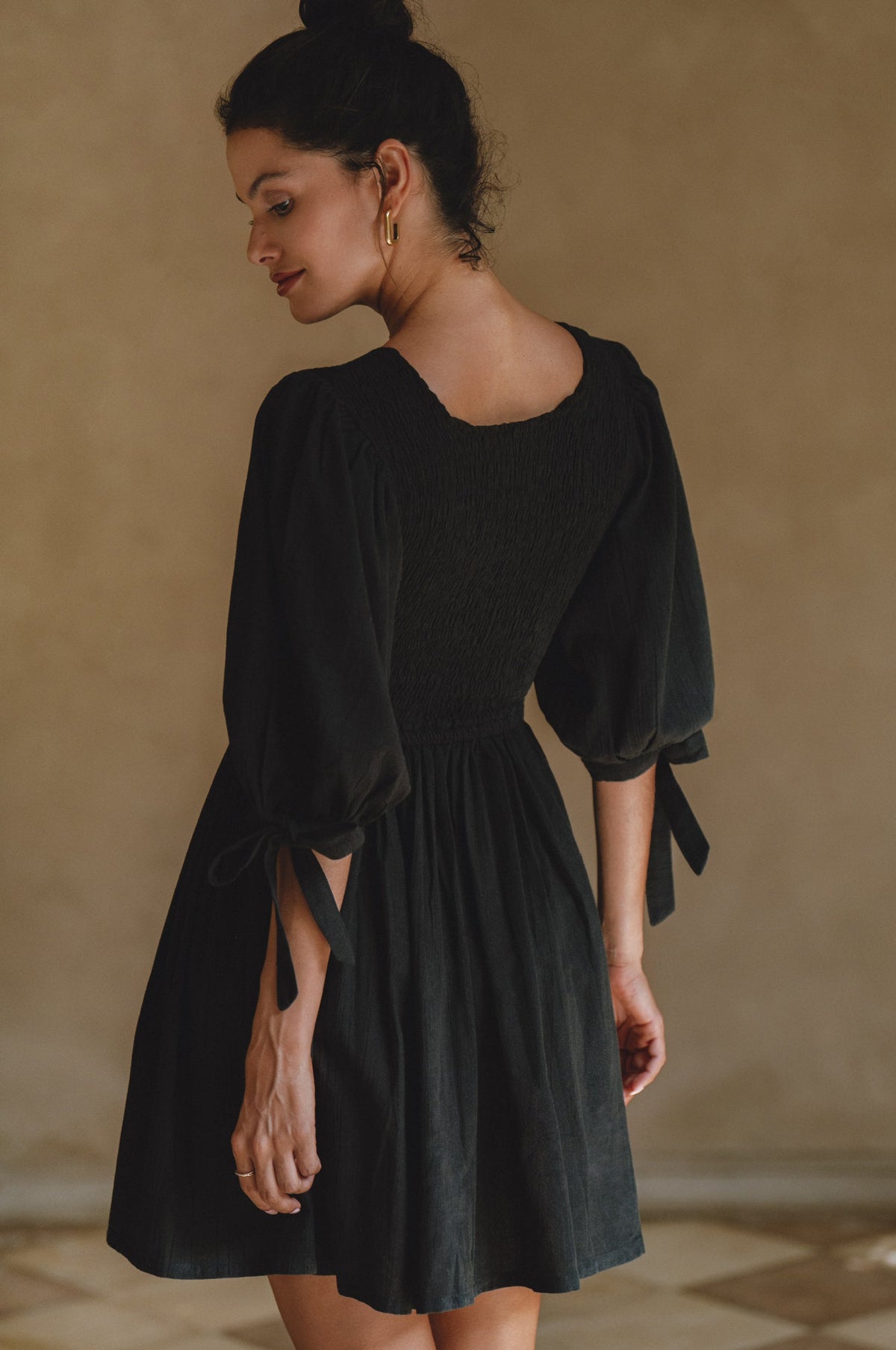 Jolie Puff Sleeve Linen Mini Dress- Black