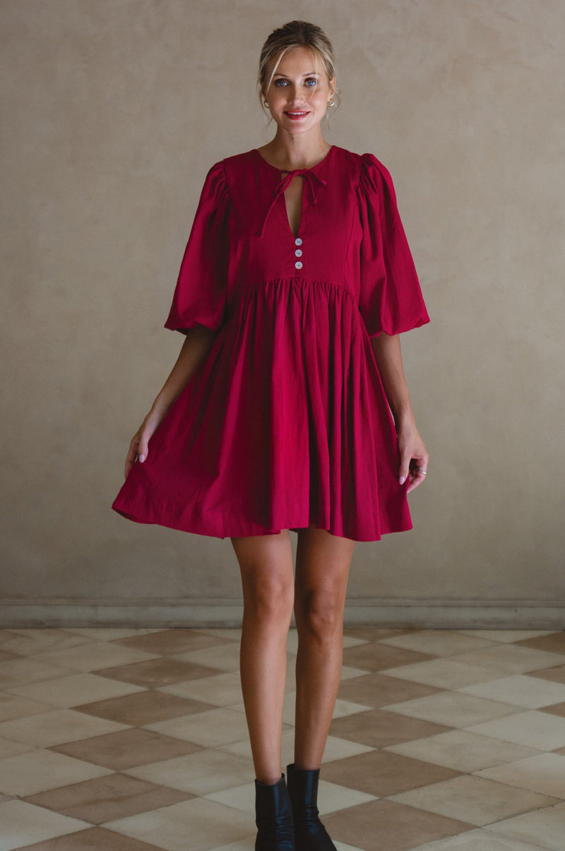 Maribelle Baby Doll Linen Dress Sangria