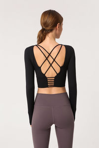 Cute Long Sleeve Fitted Sport Shirt with Open Criss Cross Back