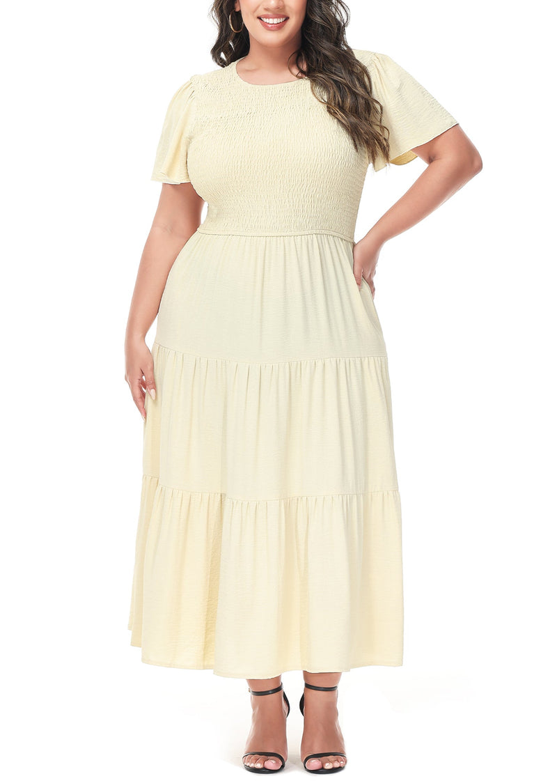 Sexy Anna-Kaci Women's Plus Size Casual Round Neck Flutter Short Sleeve Elastic Waist Smocked Tiered Maxi Dress