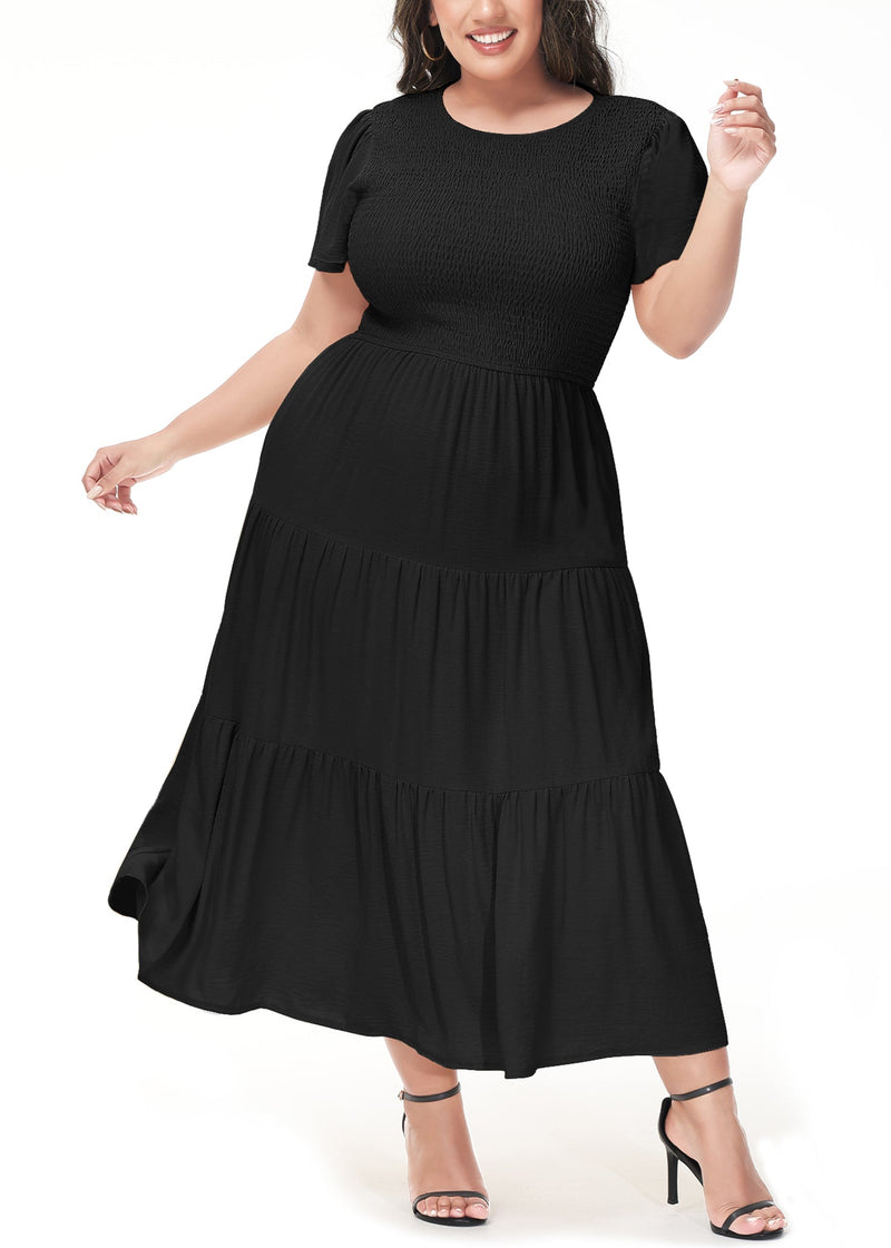 Popular Anna-Kaci Women's Plus Size Casual Round Neck Flutter Short Sleeve Elastic Waist Smocked Tiered Maxi Dress