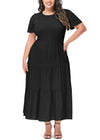 Anna-Kaci Women's Plus Size Casual Round Neck Flutter Short Sleeve Elastic Waist Smocked Tiered Maxi Dress near me