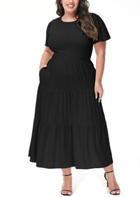 Black Anna-Kaci Women's Plus Size Casual Round Neck Flutter Short Sleeve Elastic Waist Smocked Tiered Maxi Dress