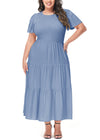 Anna-Kaci Women's Plus Size Casual Round Neck Flutter Short Sleeve Elastic Waist Smocked Tiered Maxi Dress by Anna-Kaci