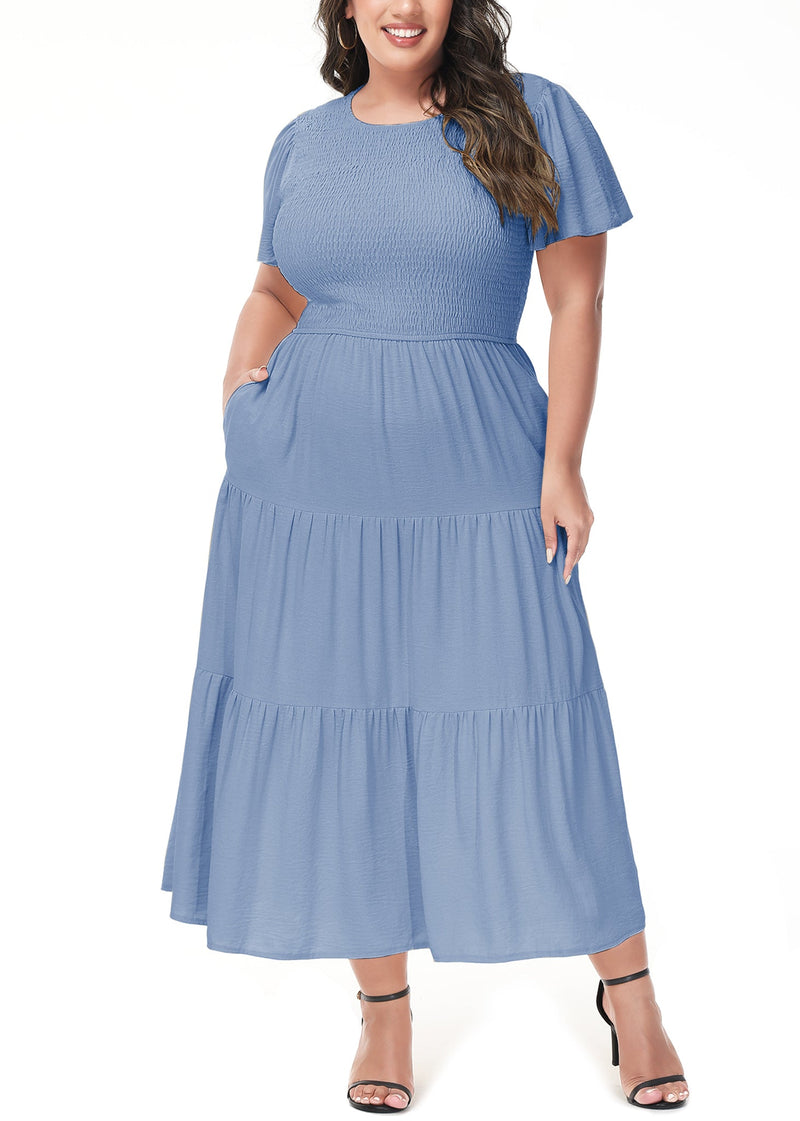 Trendy Anna-Kaci Women's Plus Size Casual Round Neck Flutter Short Sleeve Elastic Waist Smocked Tiered Maxi Dress