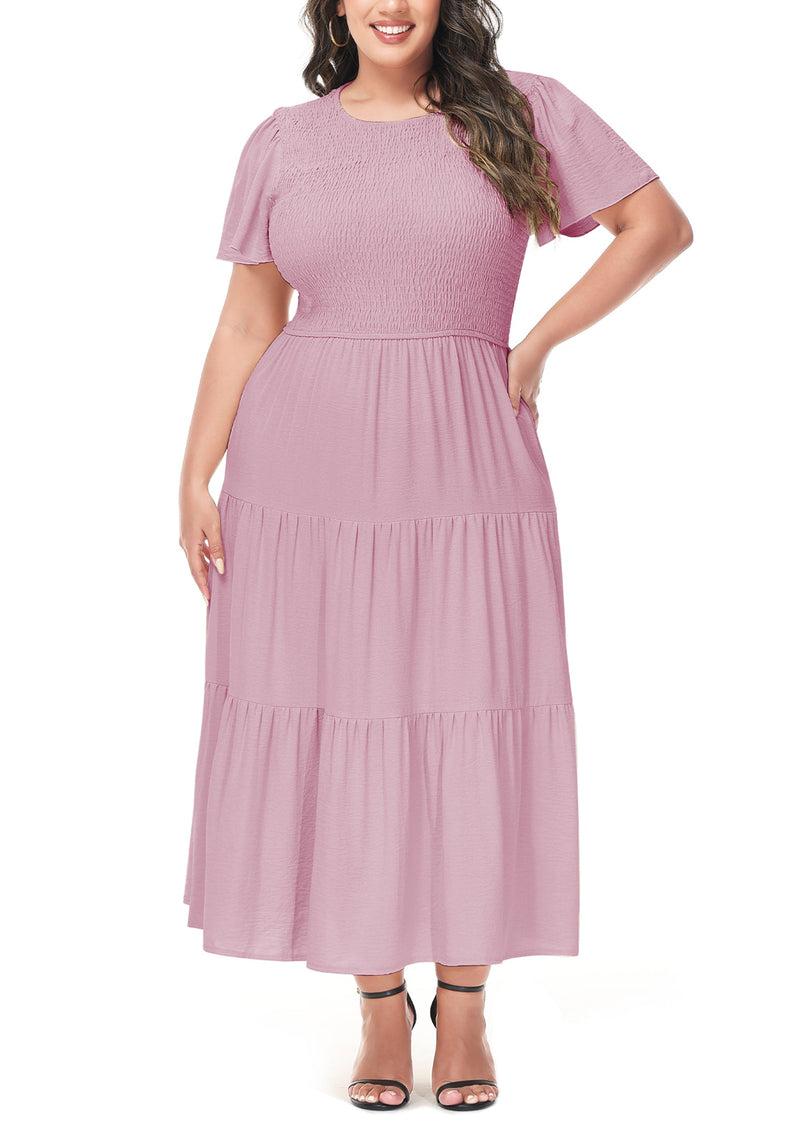 Front view of Anna-Kaci Women's Plus Size Casual Round Neck Flutter Short Sleeve Elastic Waist Smocked Tiered Maxi Dress