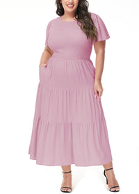 Pink Anna-Kaci Women's Plus Size Casual Round Neck Flutter Short Sleeve Elastic Waist Smocked Tiered Maxi Dress