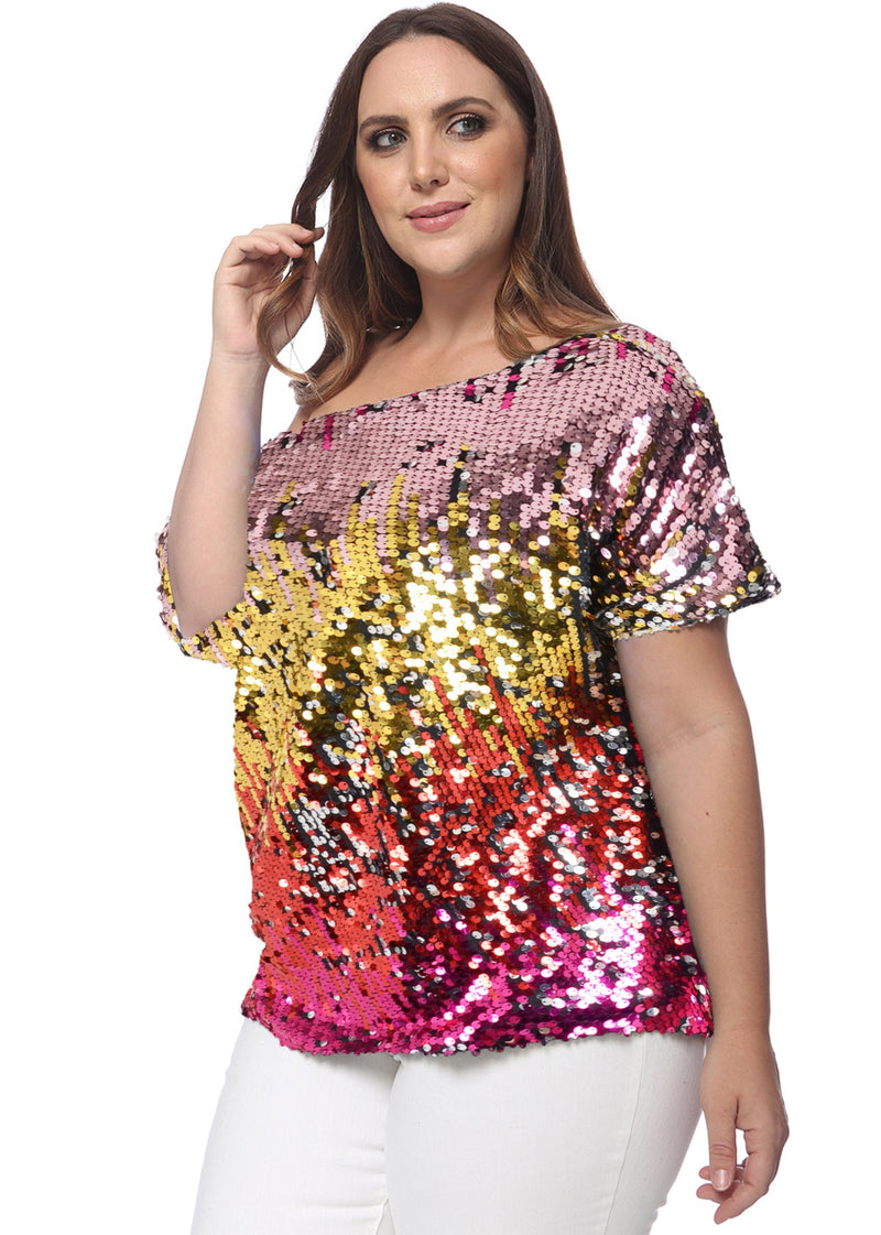 Plus Size One Shoulder Sequin Top by Anna-Kaci