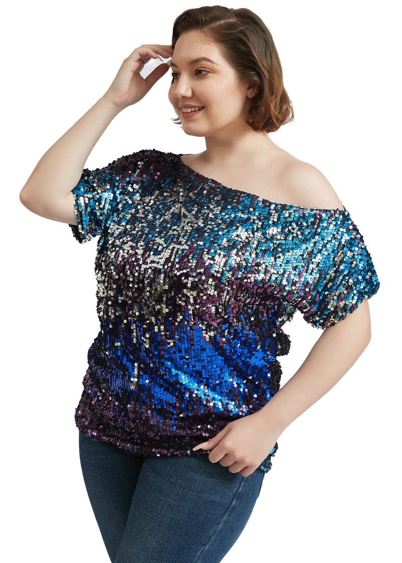 Plus Size One Shoulder Sequin Top by Anna-Kaci