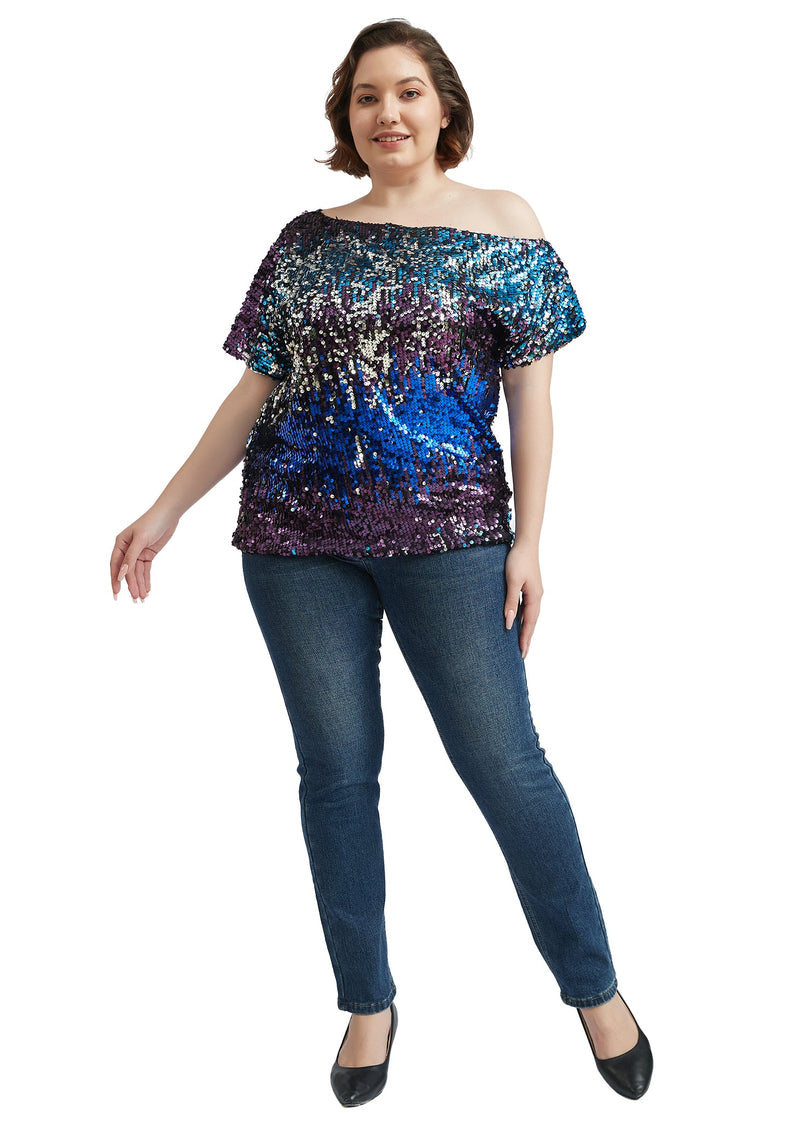 Plus Size One Shoulder Sequin Top by Anna-Kaci