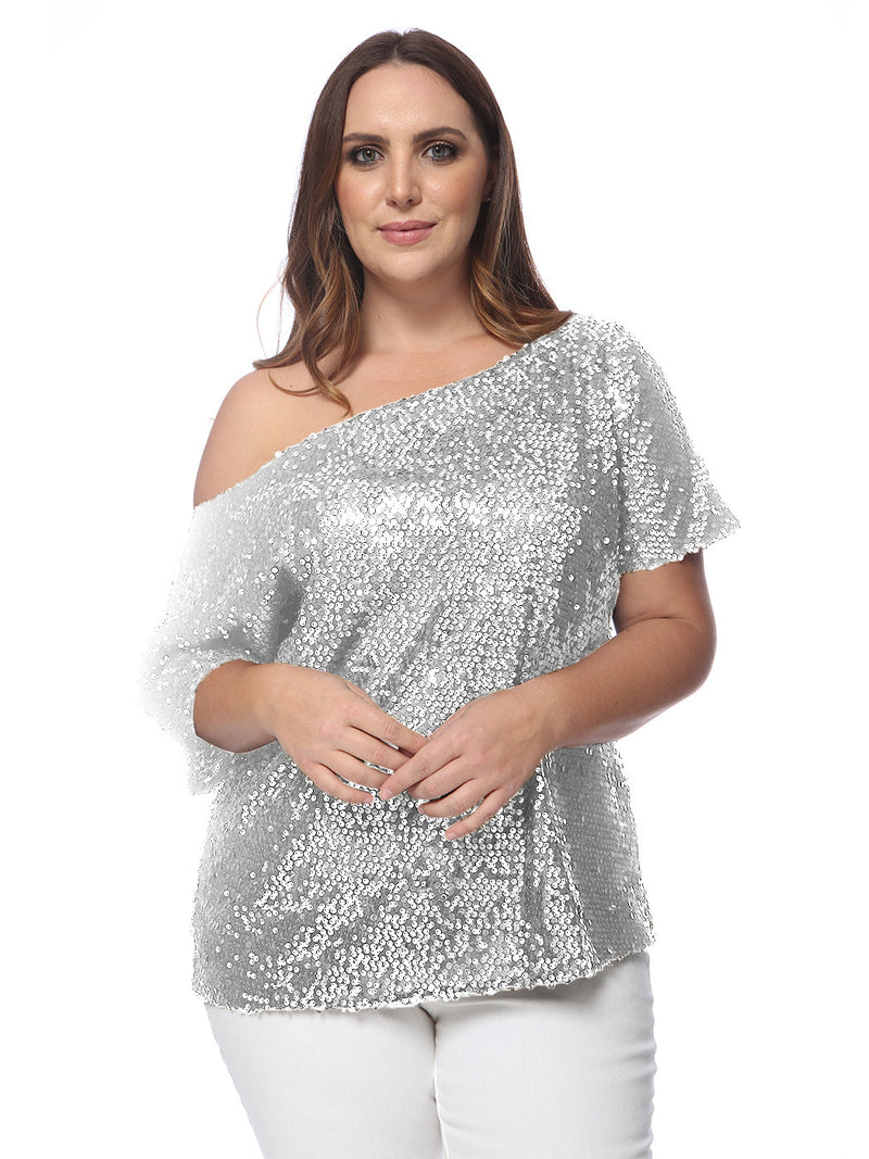 Plus Size One Shoulder Sequin Top by Anna-Kaci