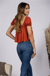 Left side view of RUFFLED PLUGING SHORT PUFF SLEEVE TOP