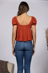 Back view of RUFFLED PLUGING SHORT PUFF SLEEVE TOP