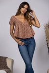 Brown RUFFLED PLUGING SHORT PUFF SLEEVE TOP