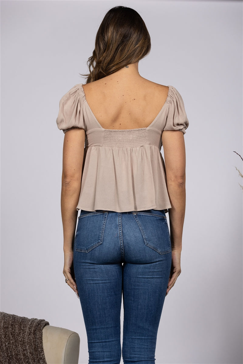 RUFFLED PLUGING SHORT PUFF SLEEVE TOP by Stylish Wholesale Inc